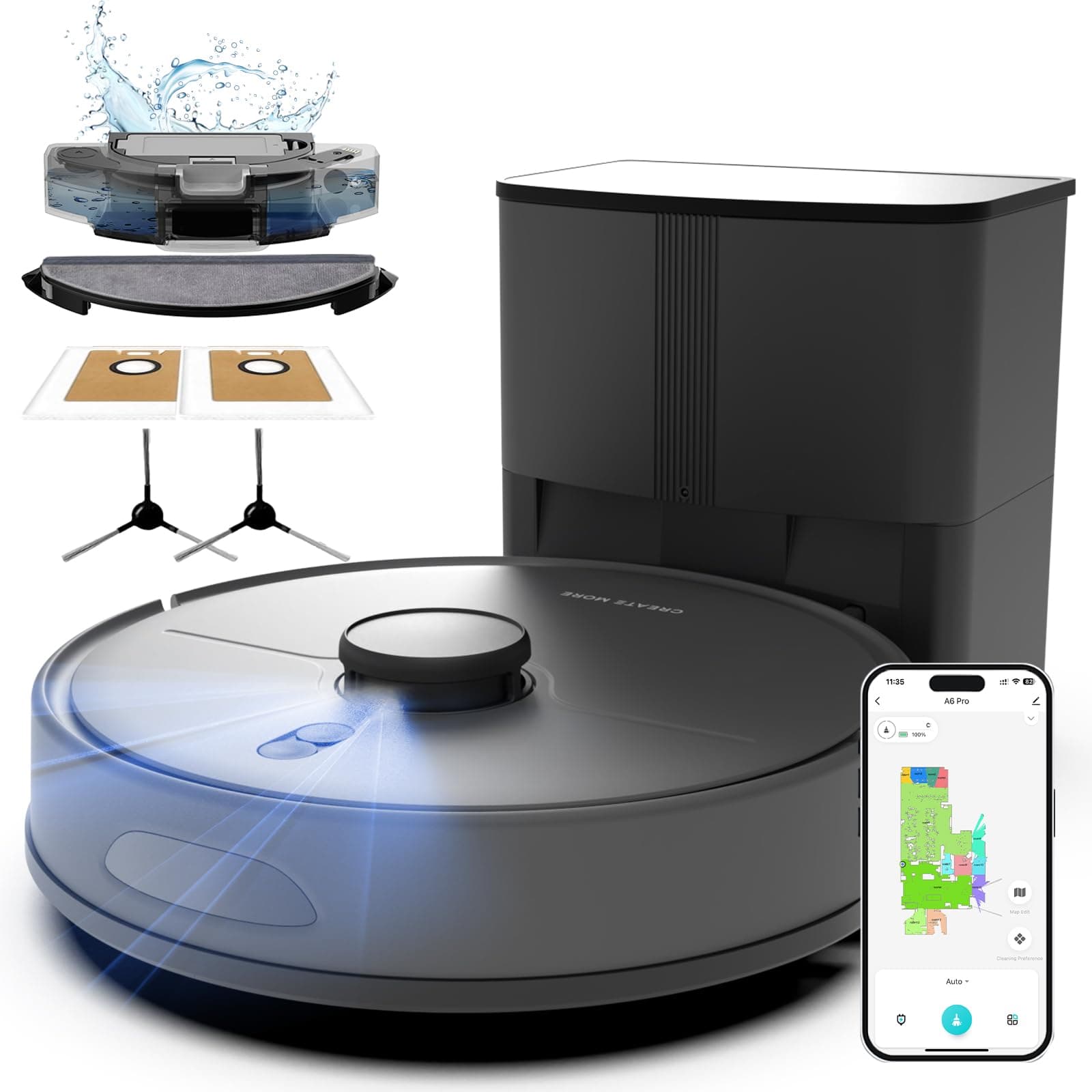 Self-Emptying Robot Vacuum and Mop, 6000Pa Powerful Suction, 90-Day Hands-Free,LiDAR Navigation, Smart Mapping, App & Alexa Control, Robotic Vacuum for Pet Hair, Carpets and Hard Floors Classic Black
