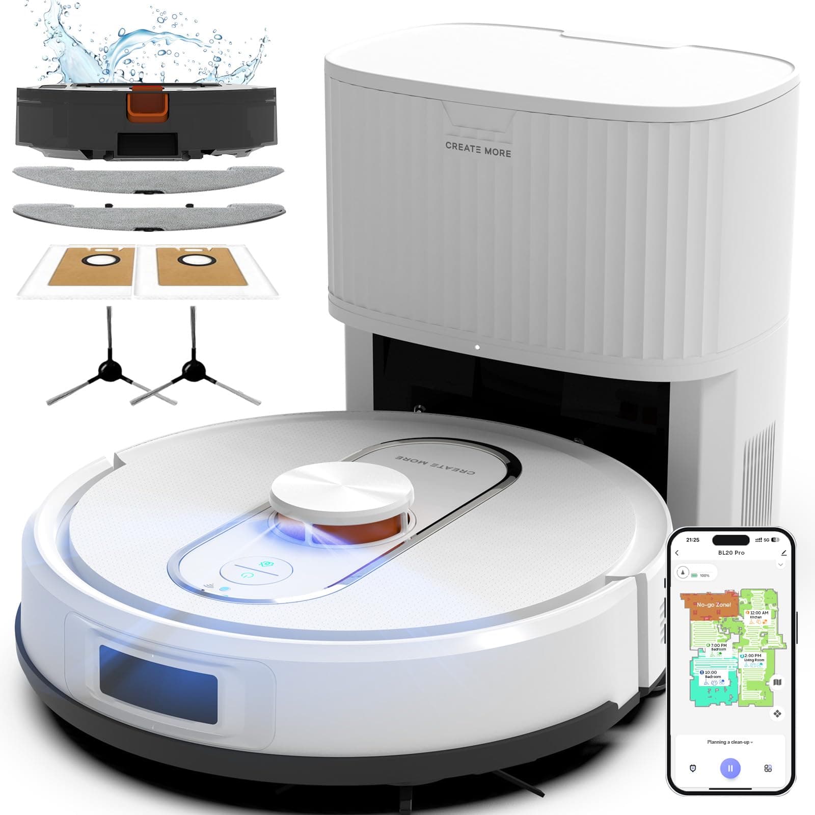 Bagotte Robot Vacuum and Mop Combo, 6000Pa Robotic Vacuum with Mapping, Self-Emptying Station for 90 Days Hands-Free Cleaning, LiDAR Navigation,Wi-Fi/App/Alexa Voice Control, for Carpets Hard Floors Ivory White