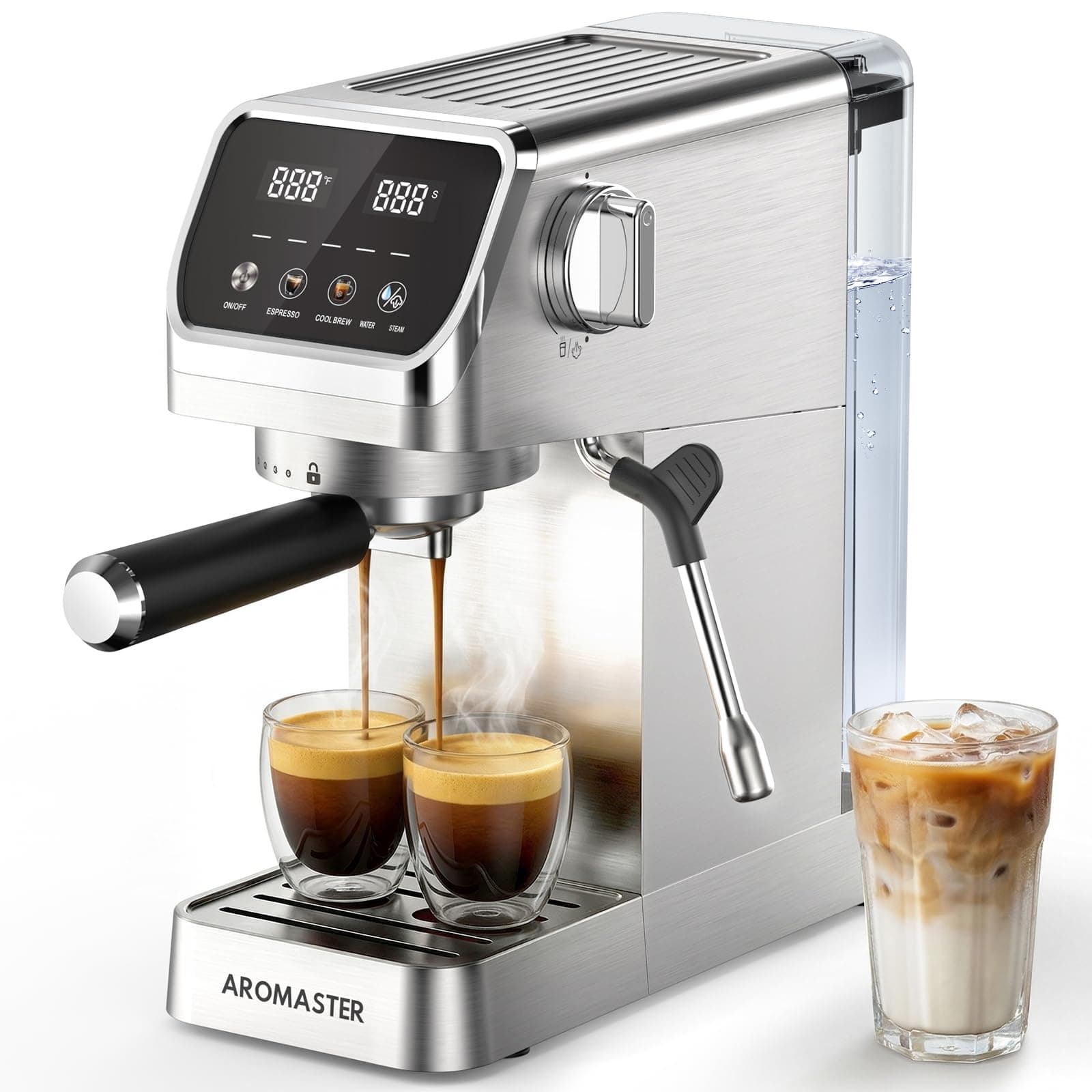 Aromaster Espresso Machine 20 Bar with Milk Frother, Easy to Use Compact Espresso Maker with Touchscreen, Fast Heat 1400W for Latte & Cappuccino, Stainless Steel Coffee Machine for Home & Office Silver