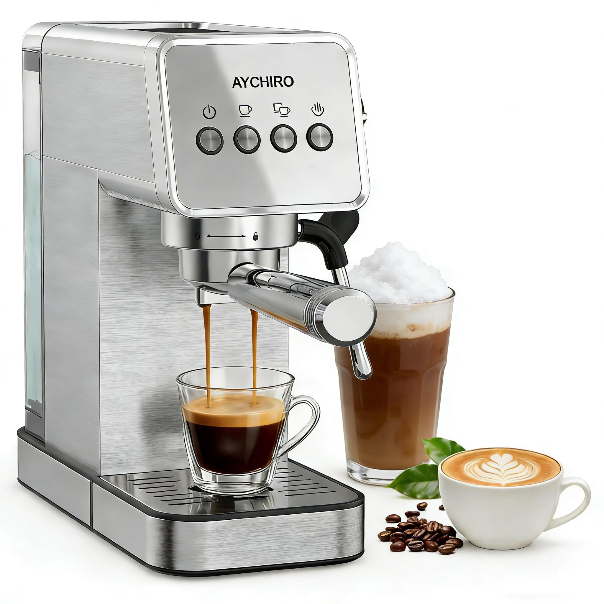 AYCHIRO 20 Bar Espresso Machine, Professional Espresso Machine with Milk Frother, Compact Espresso Maker for Cappuccino and Latte, Removable Water Tank and Drip Tray SS-Silver